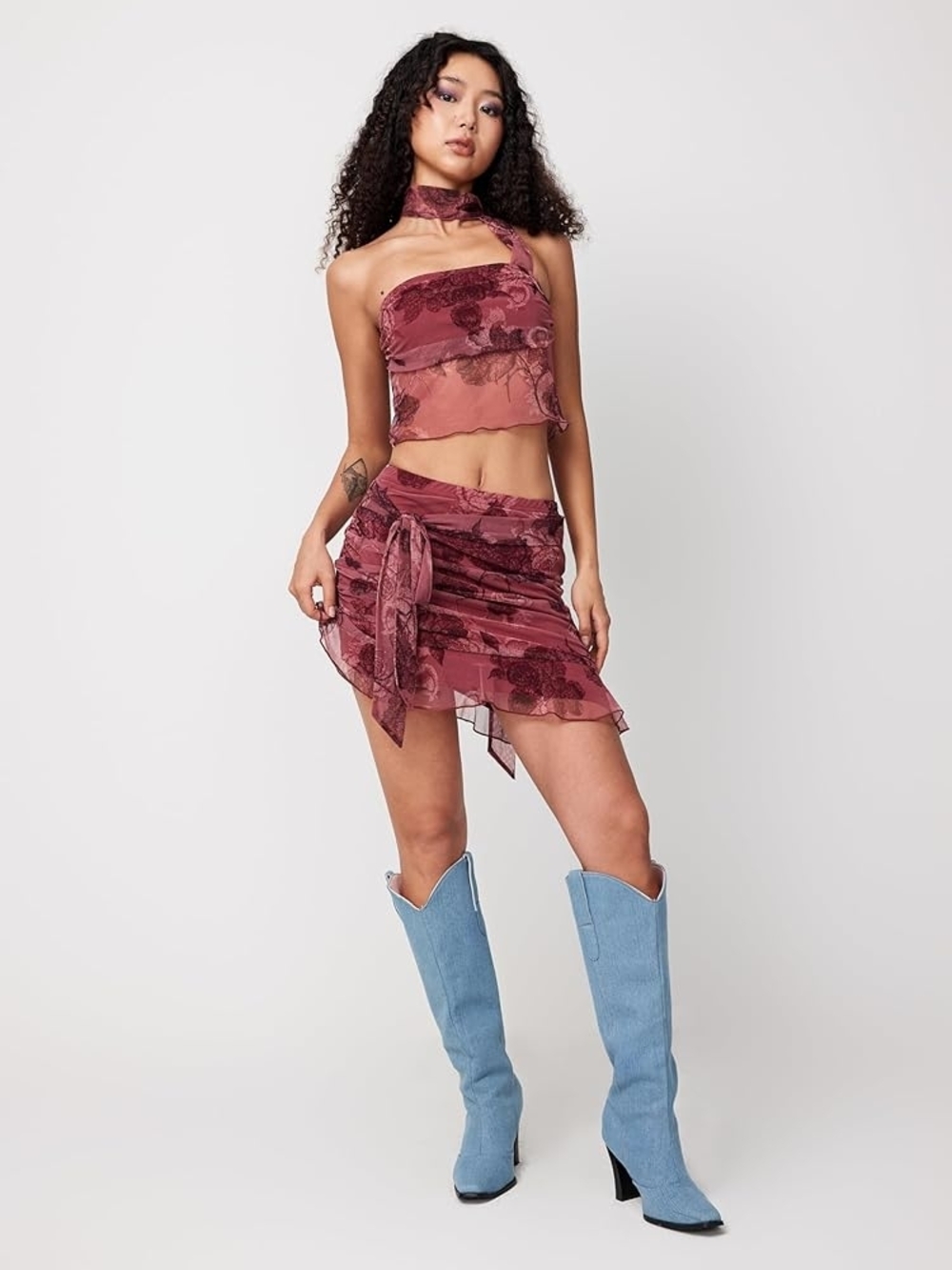 Cider Sheer Floral Two-Piece Set - Burgundy - Picture 6 of 8